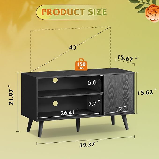 WLIVE TV Stand for 43 Inch TV, Small Entertainment Center with Storage Cabinet & Adjustable Shelves, Mid-Century Modern TV Stands for Living Room and Bedroom, 32" TV Console, Black