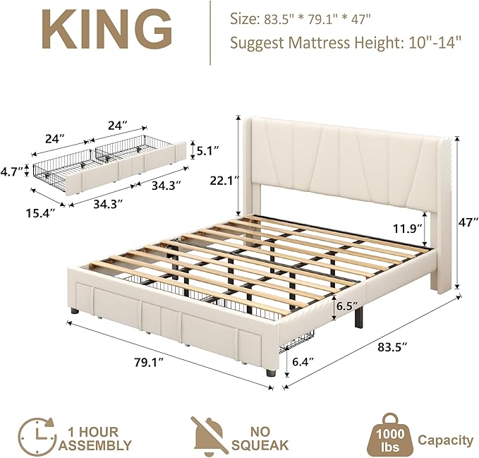 King Bed Frame with Storage Drawers, Upholstered Platform Bed with Headboard and Wingboard, No Box Spring Needed, NO Noise, Easy Assembly, Wooden Support Slats, Beige