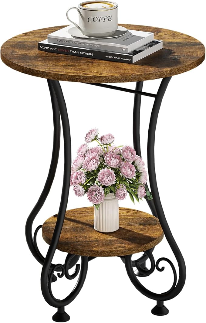 Side Table,Small Round End Table with Lower Shelf for Small Spaces, Portable Couch Sofa Coffee Table,Bedside Nightstand Table with Metal Frame,Retro Accent Drink Table for Living Room Bedroom Balcony