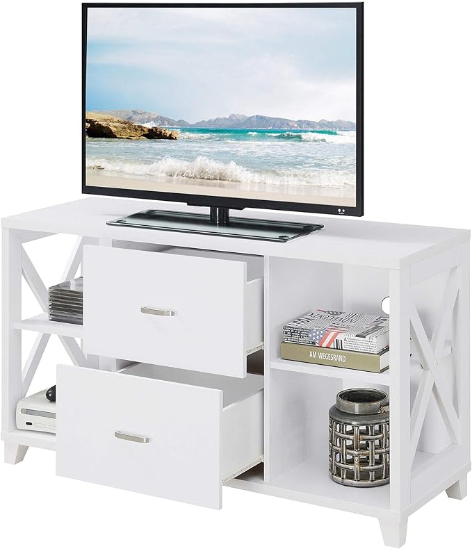 Convenience Concepts Oxford Deluxe 2 Drawer TV Stand with Shelves for TVs up to 55 Inches, White
