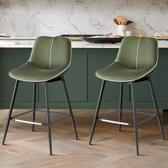 VASAGLE Bar Stools Set of 2, Counter Height Bar Stools with Back, Ergonomic Backrest, Synthetic Leather, Metal Legs, 24.4-Inch Tall Barstools for Kitchen Island Home Bar, Easy Assembly, Forest Green