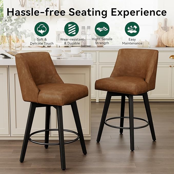 Vipbear Swivel Counter Height Bar Stools Set of 6,26.8" H Counter Stools with Back, Mid Century Modern Bar Stools for Kitchen Island,Faux Leather,Wooden Base, Brown