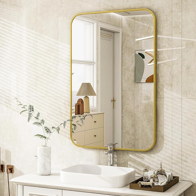 24 x 36 Inch Bathroom Mirror, Rounded Rectangular Vanity Mirror for Wall, Modern Mirror for Room Decor, Gold Framed Wall-Mounted Mirrors for Home Decor, Hangs Horizontally or Vertically