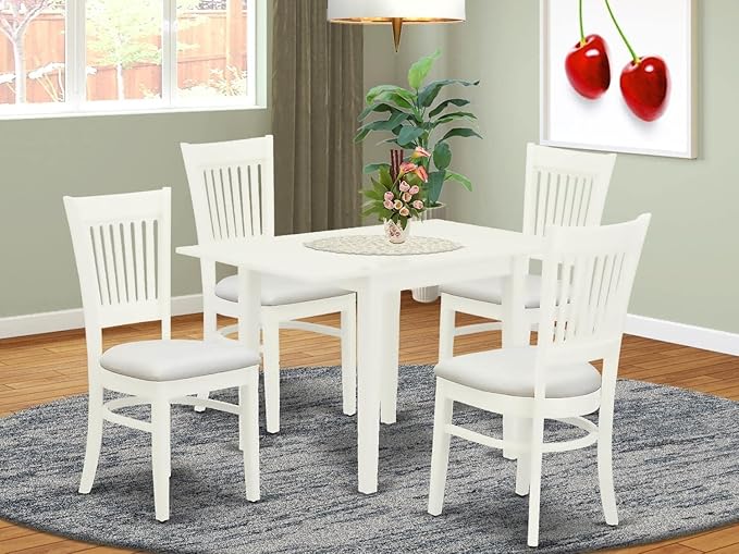 East West Furniture NDVA5-LWH-C 5 Piece Modern Dining Table Set Includes a Rectangle Wooden Table with Dropleaf and 4 Linen Fabric Dining Room Chairs, 30x48 Inch, Linen White
