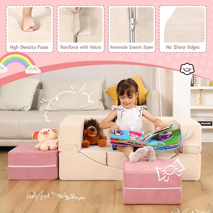 Modular Kids Play Couch, Kids Sofa Toddler Couch, Foam Play Set with Recliner, Toddler Sofa for Creative Boys & Girls, Convertible Foam Climbing Blocks