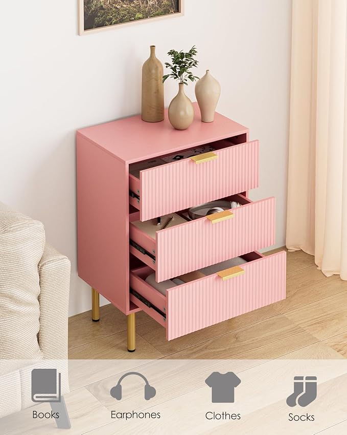 Night Stand,Tall Bedside Table with 3Storage Drawers,Pink nightstand,Bedside Furniture,Side Table with Gold Frame,Drawer Dresser for Bedroom,Living Room (Modern-3drawers, Pink)