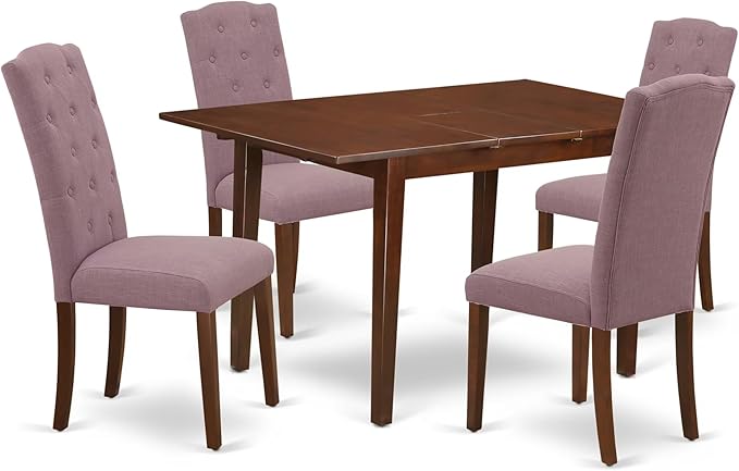 East West Furniture NOCE5-MAH-10 5 Piece Kitchen Table Set Includes a Rectangle Dining Room Table with Butterfly Leaf and 4 Dahlia Linen Fabric Upholstered Chairs, 32x54 Inch, Mahogany