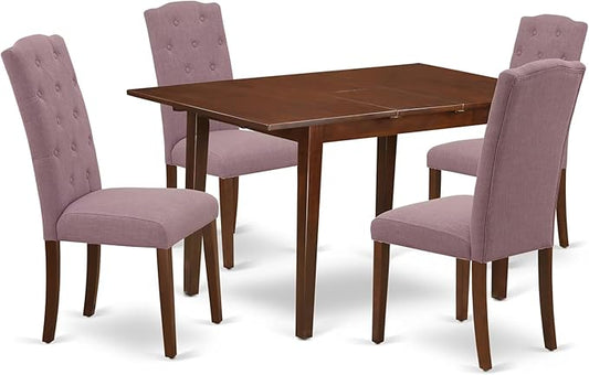 East West Furniture NOCE5-MAH-10 5 Piece Kitchen Table Set Includes a Rectangle Dining Room Table with Butterfly Leaf and 4 Dahlia Linen Fabric Upholstered Chairs, 32x54 Inch, Mahogany