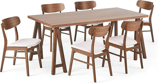 Christopher Knight Home Anthony Mid-Century Modern 7 Piece Dining Set, Light Beige and Walnut