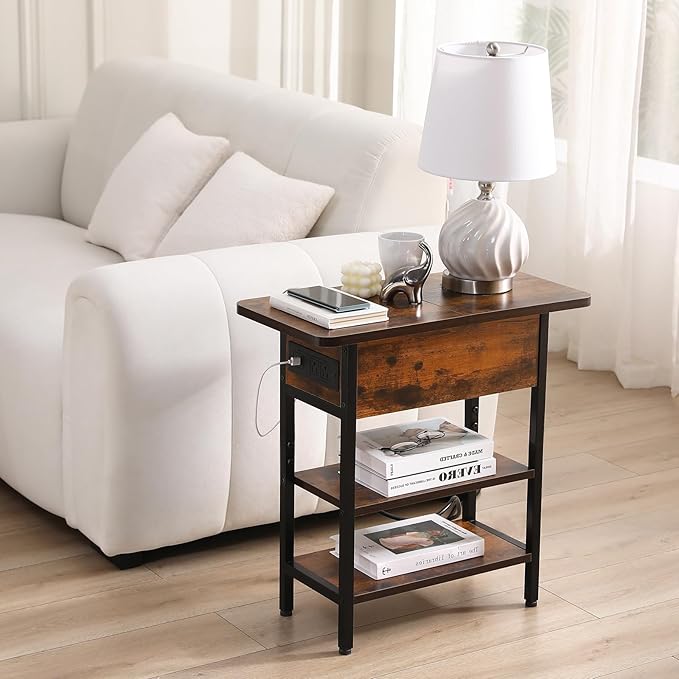 Modern End Table with Charging Station, Narrow Side Table with USB Ports & Outlets, Flip-Top Nightstand with Storage Shelf, Small Bedside Table for Living Room, Bedroom, Small Space,Rustic Brown