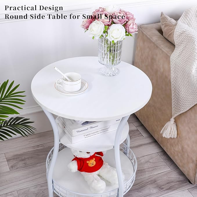 Round End Table, 3-Tier Side Table with Storage, Accent Corner Sofa Beside Table for Small Spaces,Steel Frame Nightstand for Living Room, Bedroom, Small Coffee Table,White