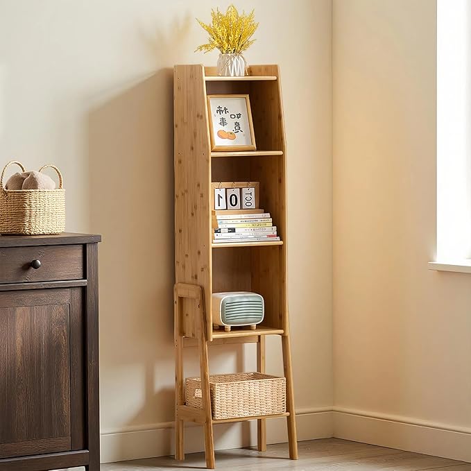 4 Tier Bamboo Bookcase, Classical Modern Bookshelf, Dispaly Shelves, Bamboo Wood Organizer Book Shelf for Living Room Home Office-Natural, Large