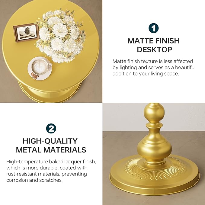 Metal Round Side Table, Small Drink Table for Small Spaces, Matte Modern Accent End Tables Coffee Tables, Pedestal Tables for Living Room, Bedroom, Corners, and Office, 21'' Height (Gold)