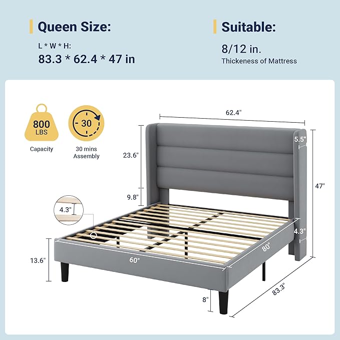 Allewie Queen Size Platform Bed Frame with Velvet Upholstered Wingback Headboard, No Box Spring Needed, Under Bed Storage Space, Strong Wooden Slats, Modern Mattress Foundation, Easy Assembly, Grey