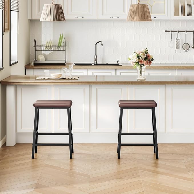HOOBRO Bar Stools, 24" Set of 2 Bar Chairs, PU Leather Upholstered Breakfast Stools, Easy Assembly, Suitable for Kitchen, Bar, Dining Room, Brown and Black BC01MD01