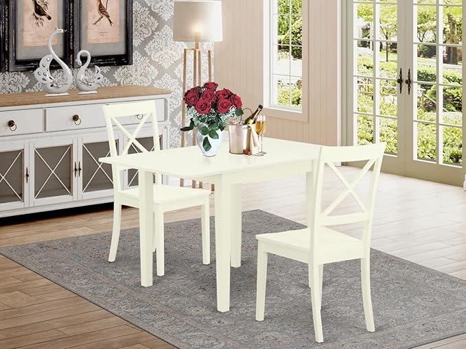 East West Furniture NDBO3-LWH-W 3 Piece Dinette Set for Small Spaces Contains a Rectangle Dining Table with Dropleaf and 2 Kitchen Dining Chairs, 30x48 Inch, Linen White