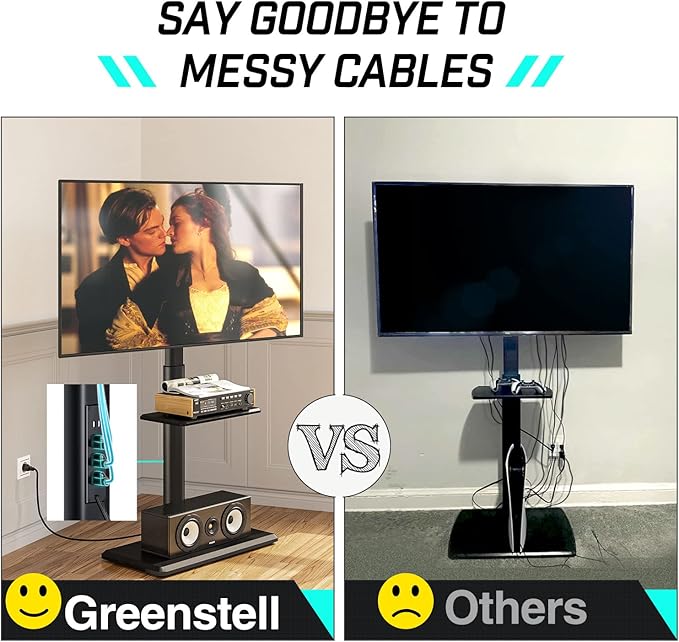 Greenstell TV Stand with Power Outlet & AV Shelf, Universal Floor TV Stand for 32-75 inch TV, Swivel Tall TV Mount Stand, Holds up to 110 LBs,Height Adjustable and Wood Base, Max VESA 600x400mm,Black