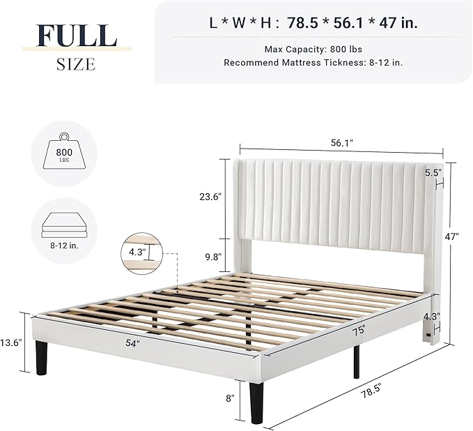 Allewie Full Size Velvet Bed Frame/Vertical Channel Tufted Wingback Headboard/Upholstered Platform Bed/Strong Wooden Slats/No Box Spring Needed/Easy Assembly/White