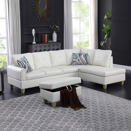 White L-Shaped 3-Piece Faux Leather Sofa with Storage Ottoman Set, Sectional Couch Sofa Set for Living Room, Office, Small Space