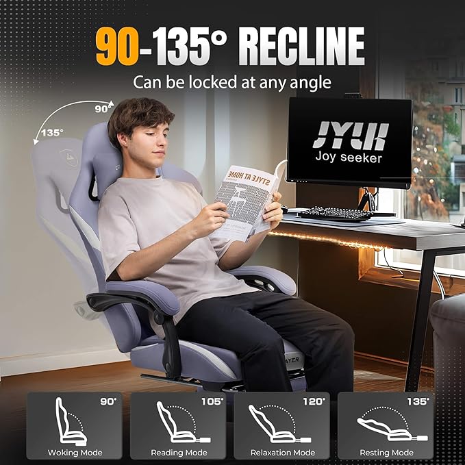 GTRACING Gaming Chair with Foot Rest & Pocket Spring Cushion, Breathable Fabric for Home Office Desk, Ergonomic High Back Computer Chair with Headrest & Lumbar Support, Lavender Purple