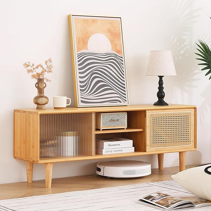 Tiita Rattan TV Stand for 55 Inch TV, Bamboo TV Cabinet with Adjustable Shelf and Storage, Boho Entertainment Center, Mid Century Modern Media Console for Bedroom, Living Room, Study (Natural)