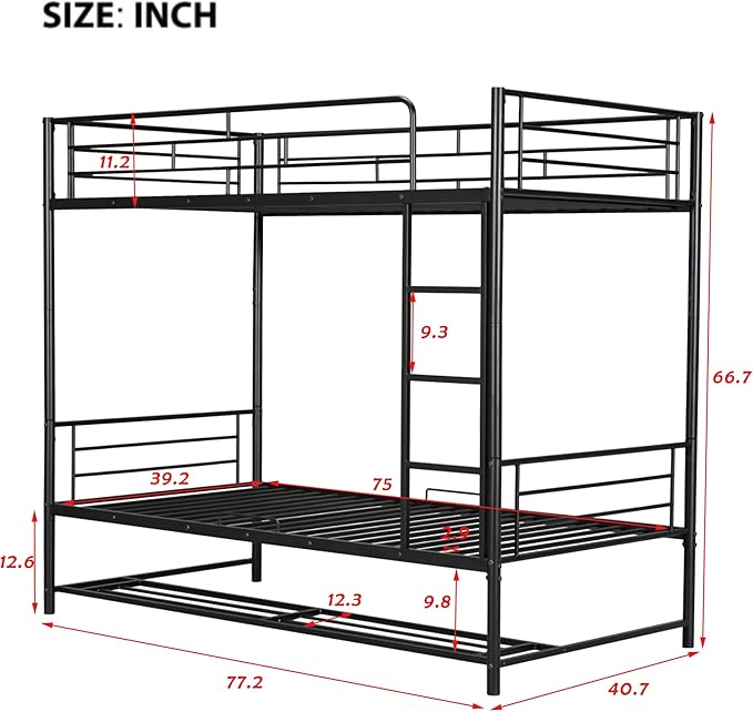 Twin Over Twin Metal Bunk Bed with Shelf and Guardrails, Heavy-Duty Steel Bed Frame,Built-in Ladder,Can Be Divided into 2 Separate Beds,for Kids Teens Adults,Black