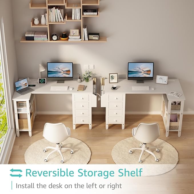 Lufeiya White L Shaped Computer Desk with Drawers & Storage Shelves, 47 Inch Corner Reversible Desk with Power Outlet for Home Office Bedroom, L-Shaped Teen PC Desks with Fabric Drawer, White