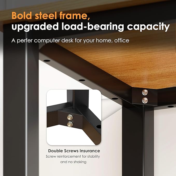 Need Computer Desk, 47 inch Home Office Desk, Modern Simple Style Home Office Gaming Desk, Basic Writing Table for Study Student, Black Metal Frame, Teak