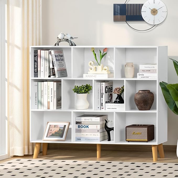YAHARBO 10 Cube Large Bookshelf,3 Tier Bookcase with Legs,White Mid-Century Modern Bookshelves,Wide Free Standing Open Storage Organizer Shelf,Tall Wooden Book Case Furniture for Living Room,Office