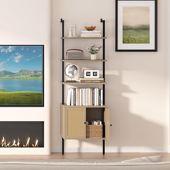 Yusong 73" Tall Bookshelf with Cabinet, Industrial Ladder Wall Mount Shelf Rattan Bookcase with Wood and Metal Frame, Plant Shelf Wall Storage Display for Living Room Bedroom,Light Ivory Brown