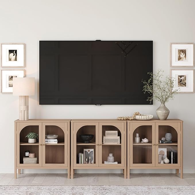 Nathan James Mason Modern Farmhouse TV Stand, Free Standing Accent Sideboard Buffet, Cabinet with Glass Doors and Adjustable Shelf, Clear Glass/Raw Oak Set of 3