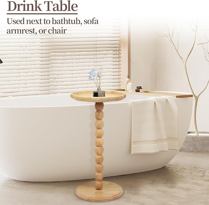 Drink Table, Boho Rattan Flower Small Side Table for Small Spaces, Solid Wood Modern Nightstand for Living Room, Bedroom, Farmhouse, Corners