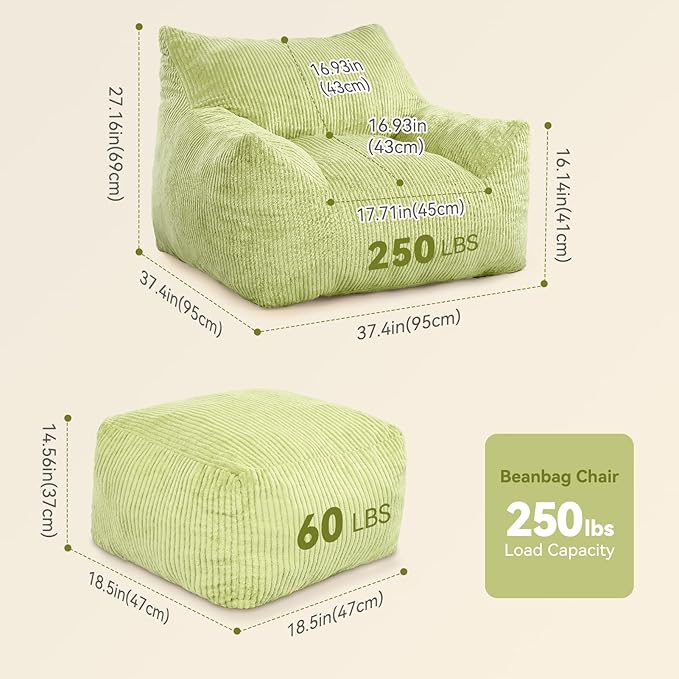INMOZATA Bean Bag Chair for Adults, 3FT Beanbag Chair with Ottoman Pre-Filled Fluffy Lazy Chair Corded Fabric Accent Chair for Bedroom Living Room Dorm (Green)