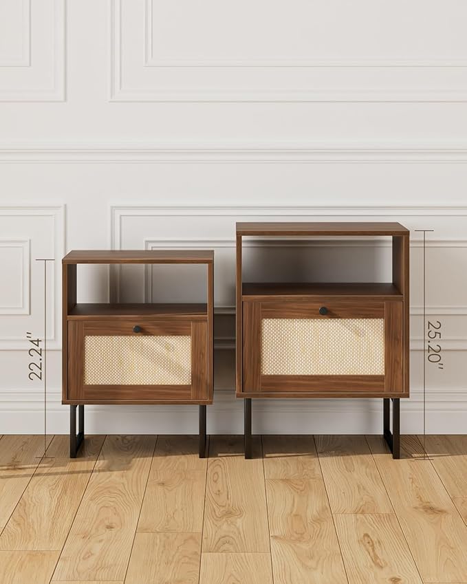 Masupu Extra Large Rattan Nightstand,Modern Boho Farmhouse Wood Bedside Table with Storage Drawer and Open Shelf, Black Frame Side End Table for Bedroom,Living Room,Office (Walnut)