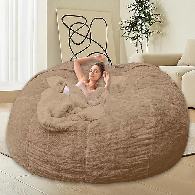 Bean Bag Chair for Adults Kids Without Filling Comfy Oversized Round Lazy Sofa Bean Bag Cover for Stuffed Animal Storage Bedroom Living Room Chairs, 6FT, Khaki