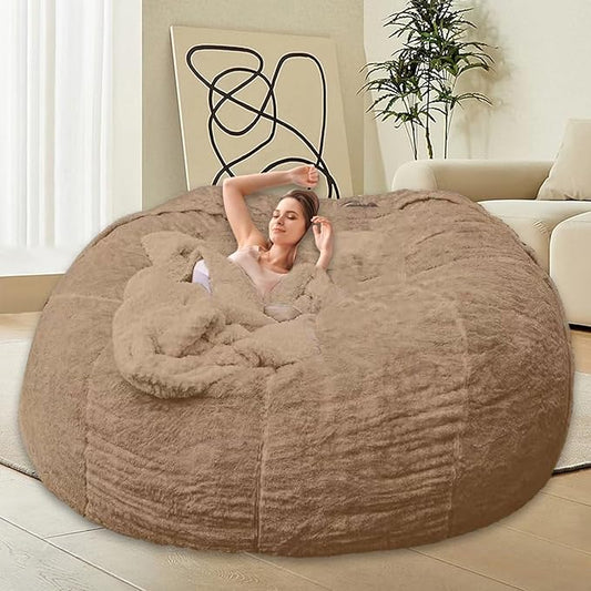Bean Bag Chair for Adults Kids Without Filling Comfy Oversized Round Lazy Sofa Bean Bag Cover for Stuffed Animal Storage Bedroom Living Room Chairs, 6FT, Khaki