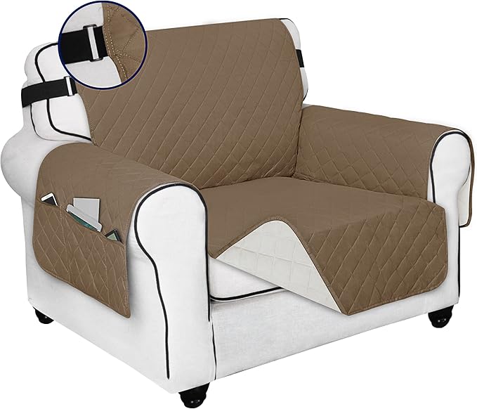 PureFit Reversible Sofa Cover Water Resistant Chair Couch Cover, Machine Washable Furniture Cover with Non-Slip Foam and Adjustable Strap for Dogs, Pets (Chair, Camel/Ivory)