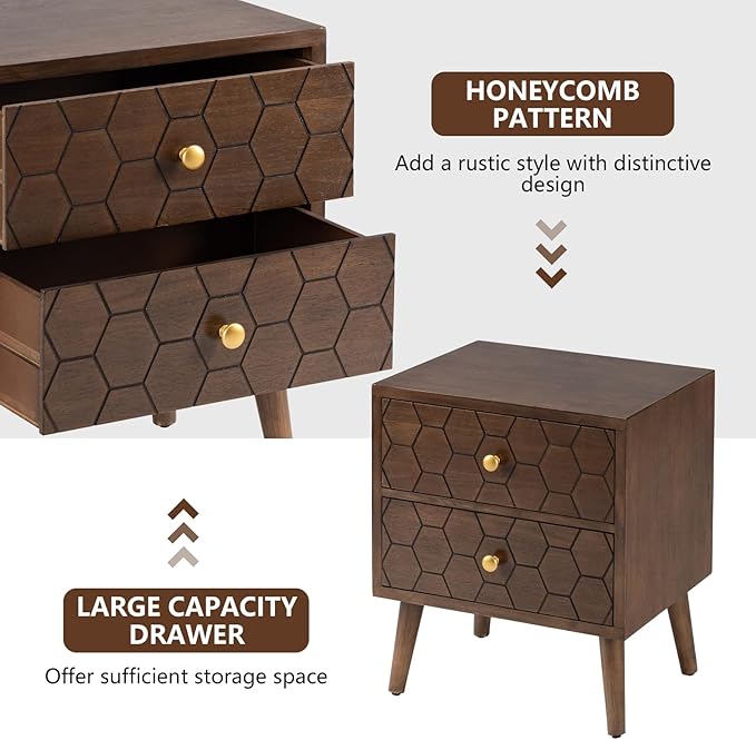 COSIEST Modern End Table w Honeycomb Pattern, Mid-Century Nightstand w Storage Drawer, Small Wood Accent End Table for Bedroom, Living Room(Brown,2 Pieces)
