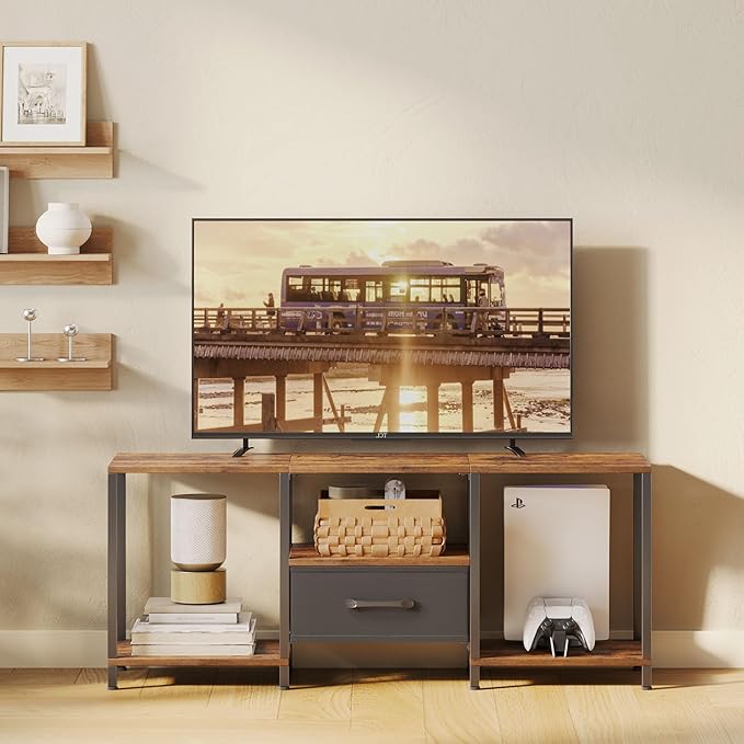 TV Stand with Fabric Drawer for 55 Inch TV, Entertainment Center with Open Shelves, Media TV Console Table for Living Room, Bedroom, Rustic Brown