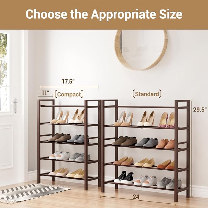 Haddockway Bamboo Shoe Rack for Closet, Free Standing Shoe Organizer with Smooth Round Rods & Convenient Handles, Stackable Shoe Storage Shelf for Entryway, Hallway(Brown, 5-Tier)