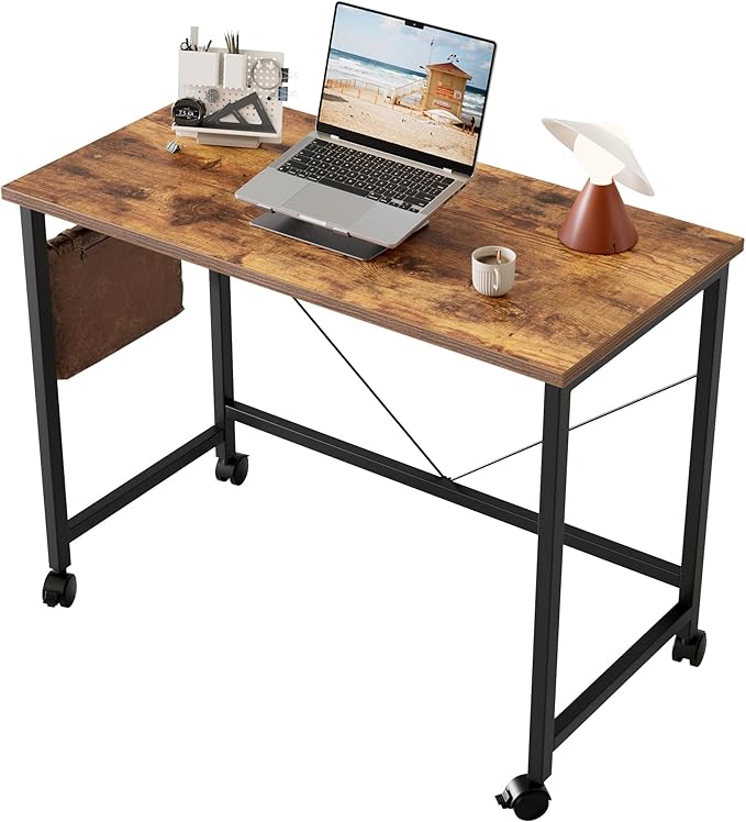 Rolling Computer Desk with Wheels, Gaming Desk for Small Spaces, Modern Simple Style Table for Home Office, Study Writing Table (Caster, Rustic Brown, 48 inch)