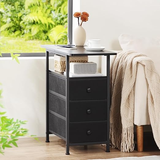 AMHANCIBLE End Tables Living Room with Charging Station, Narrow Side Table with USB Ports and Outlets, Slim Nightstand with 3 Fabric Drawers for Bedroom, Small Space, Black, HETN013BK-1