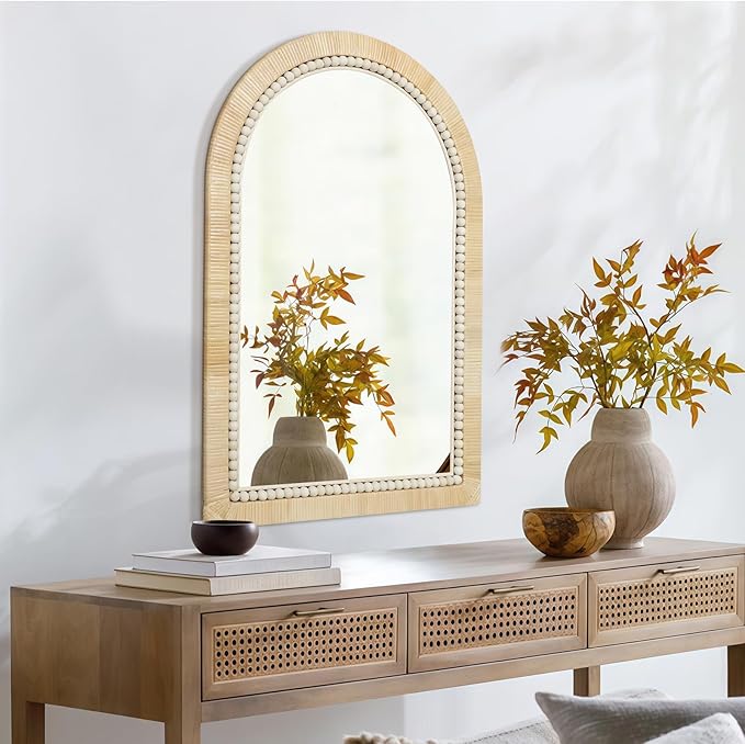 ULIKE Rattan Mirror for Bathroom, 24x36 Inch Arch Rustic Farmhouse Wall Decor with Handmade Wicker Frame, Boho Mirror for Nursery Bedroom Living Room Entryway