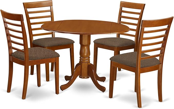 East West Furniture DLML5-SBR-C 5 Piece Dinette Set for 4 Includes a Round Dining Room Table with Dropleaf and 4 Linen Fabric Upholstered Dining Chairs, 42x42 Inch, Saddle Brown