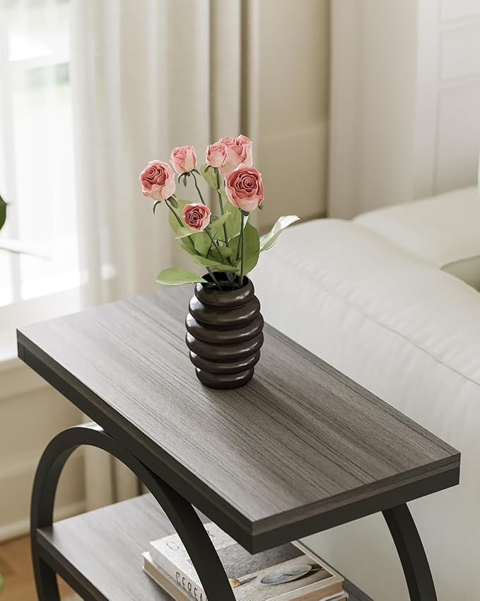 LITTLE TREE End Table Set 2, Side Table with 3 Tiers Shelves, Slim Sofa Side Table for Living Room, Tall Bedside Table Nightstand for Bedroom, Grey and Black
