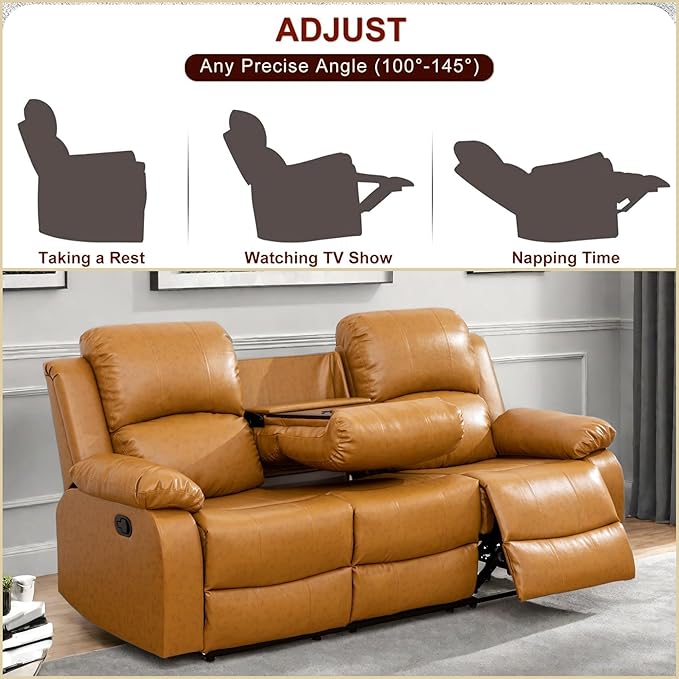 Leather Recliner Sofa Couch, 3-Seater Home Theater Seating Reclining Sofa, Power Reclining Couch with Cup Holders & Drop Down Table for Living Room Furniture Sets, Orange
