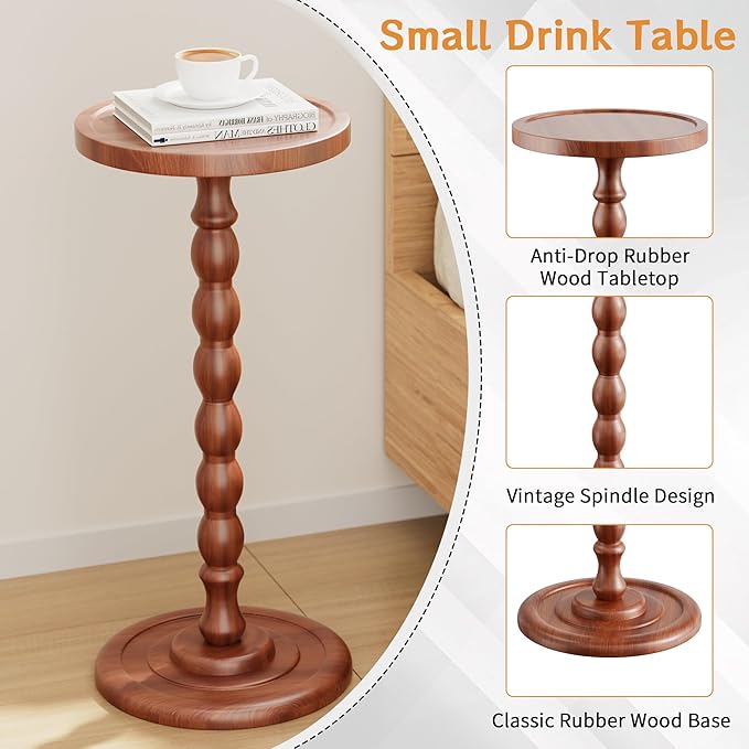 Solid Wood Drink Table, Rubber Wood‌ Small Round Side Table for Small Spaces, Martini Tables, Pedestal End Tables for Living Room, Bedroom, Corners, and Office (Light Walnut, 11.81inch)