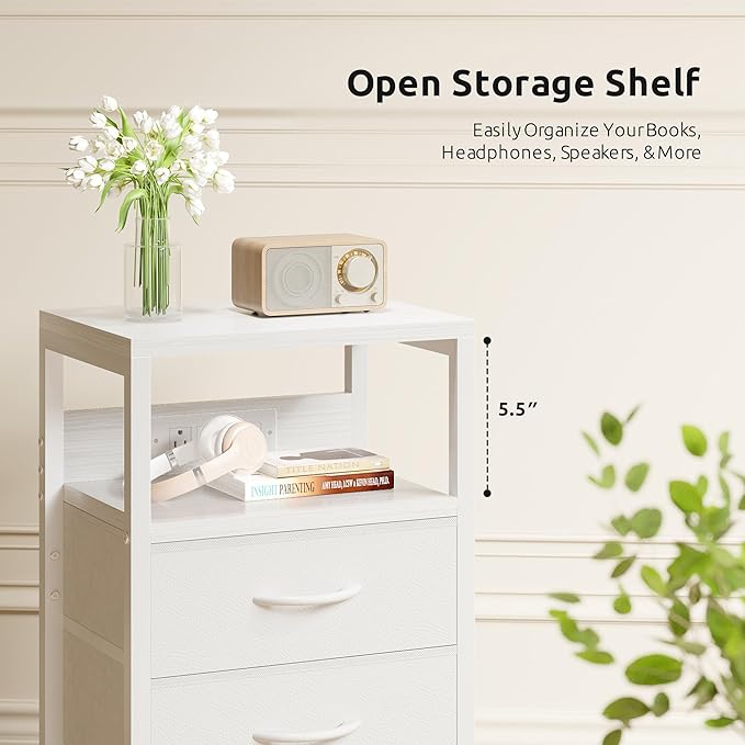 NightStand Bedside Charging Table Bedroom - Night Stand with Charger Station, White Modern Bed Side End Table with Open Shelf & 2 Fabric Drawers, USB-C USB Ports & AC Outlets for Dorm, Living Room