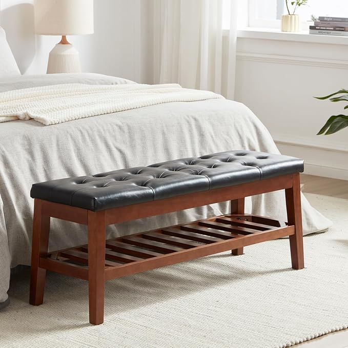 Upholstered Shoe Bench Entryway Bench for Bedroom, End of Bed, Ottoman Bench Tufted Padded Seat with Solid Wood Shelf for Living Room, Faux Leather Black