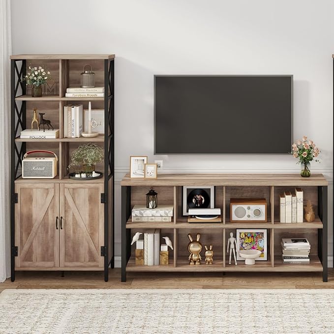 FATORRI Rustic Tall Bookshelf with Doors, Industrial Farmhouse Bookcase with Storage, 6 Cube Storage Organizer Book Shelf for Living Room, Home Office (Rustic Oak, 67 Inch)